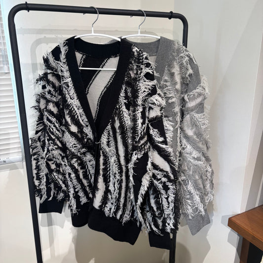 フリンジジャガード ニット Vネックカーデ [ELENCARE DUE]