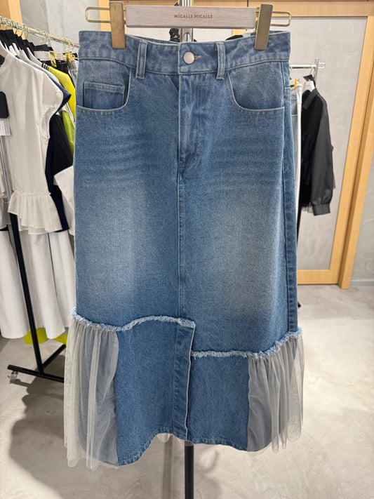 チュールドッキング デニムロングスカート[MICALLE MICALLE]
